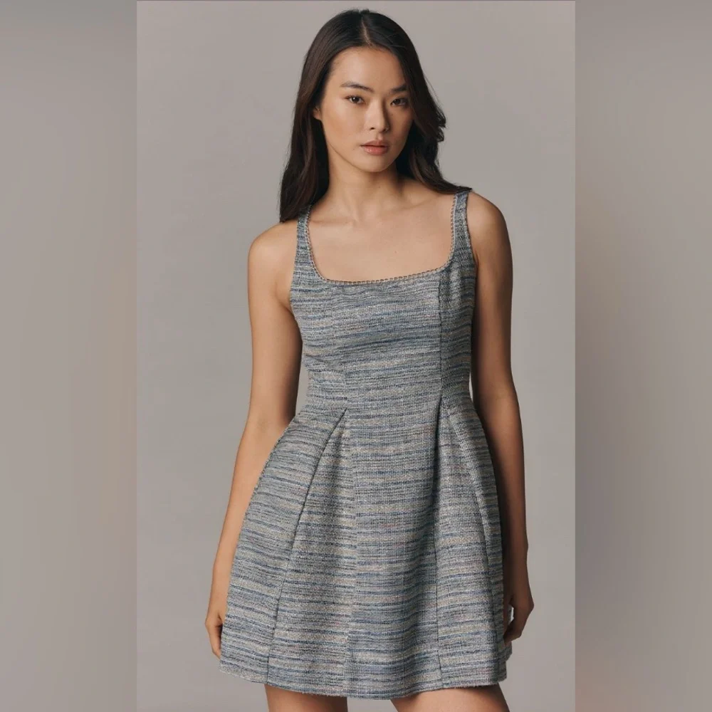 Anthropologie Sleeveless Square-neck, Tweed Fit & Flare Mini Dress, sz 14 - Picture 2 of 4